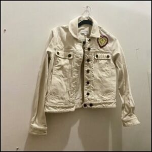 Maison Labiche Anthropologie Cream Denim Jacket XS Leopard Heart Rebel
